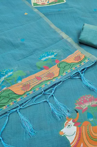 Sky blue jamdani silk blend dress material