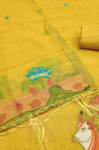 Yellow jamdani silk blend dress material