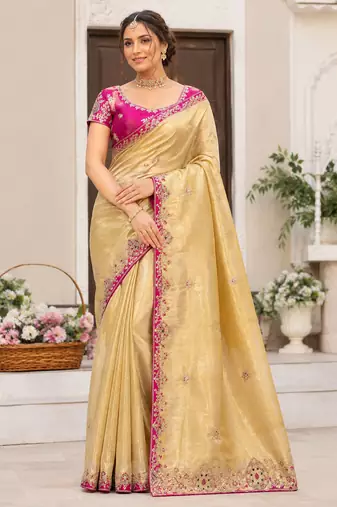 yellow golden embroidery with dori and sequins silk saree