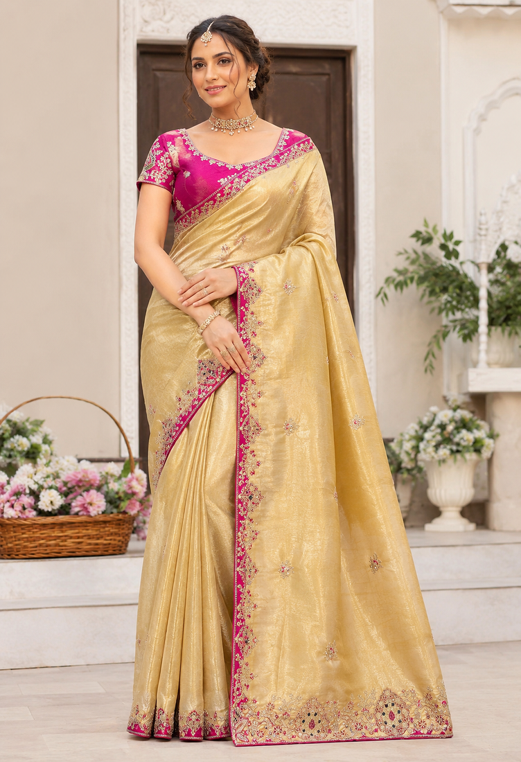 yellow golden embroidery with dori and sequins silk saree