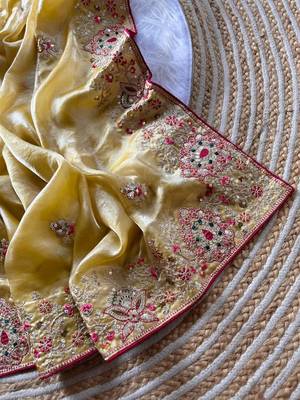 yellow golden embroidery with dori and sequins silk saree 2