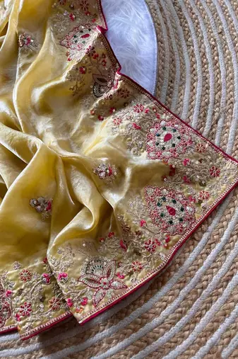 yellow golden embroidery with dori and sequins silk saree