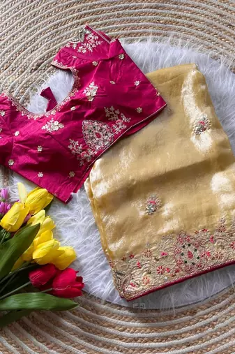 yellow golden embroidery with dori and sequins silk saree