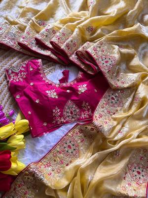 yellow golden embroidery with dori and sequins silk saree 4