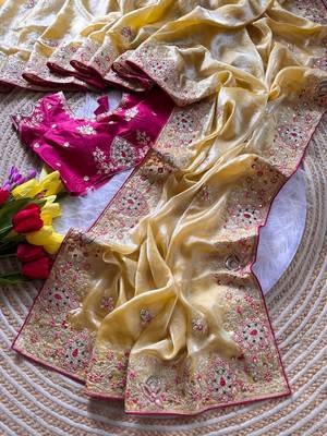yellow golden embroidery with dori and sequins silk saree 5
