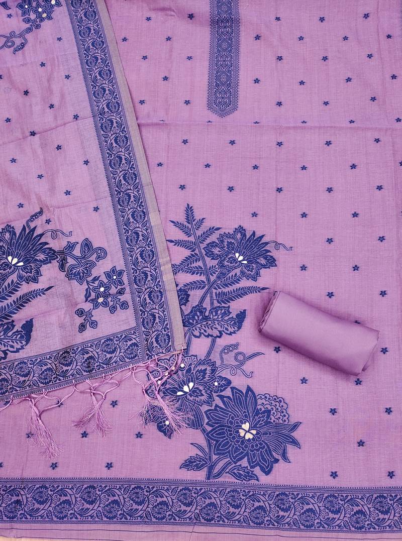 Purple jamdani silk blend dress material