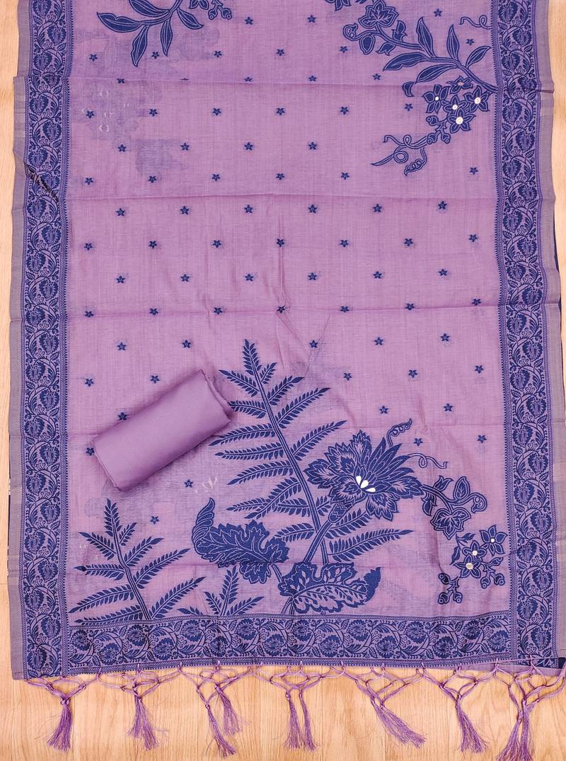 Purple jamdani silk blend dress material