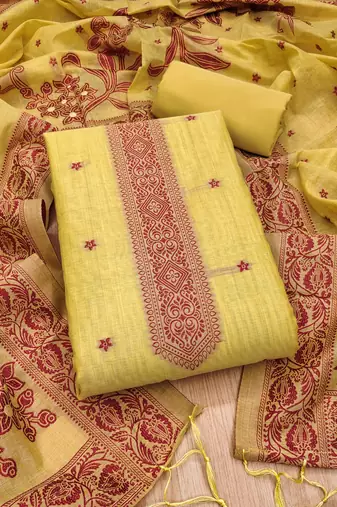 Yellow jamdani silk blend dress material
