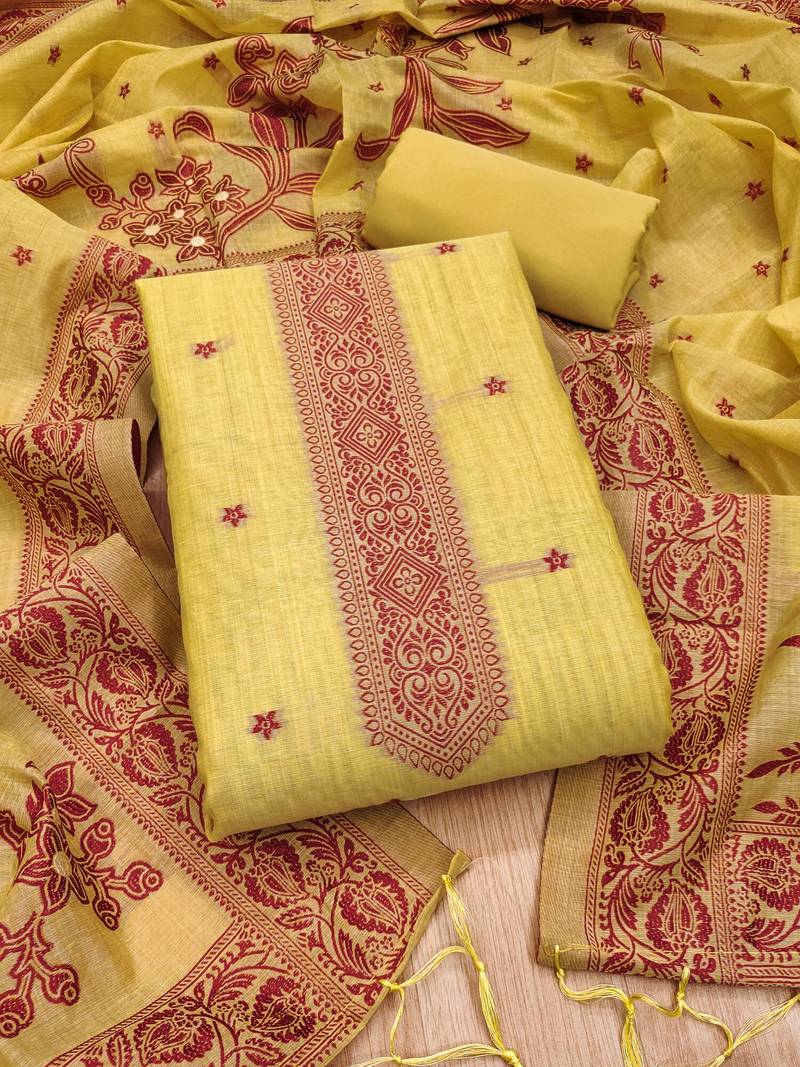 Yellow jamdani silk blend dress material