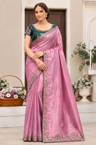 baby pink golden embroidery with dori and sequins silk saree