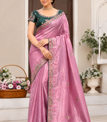 baby pink golden embroidery with dori and sequins silk saree