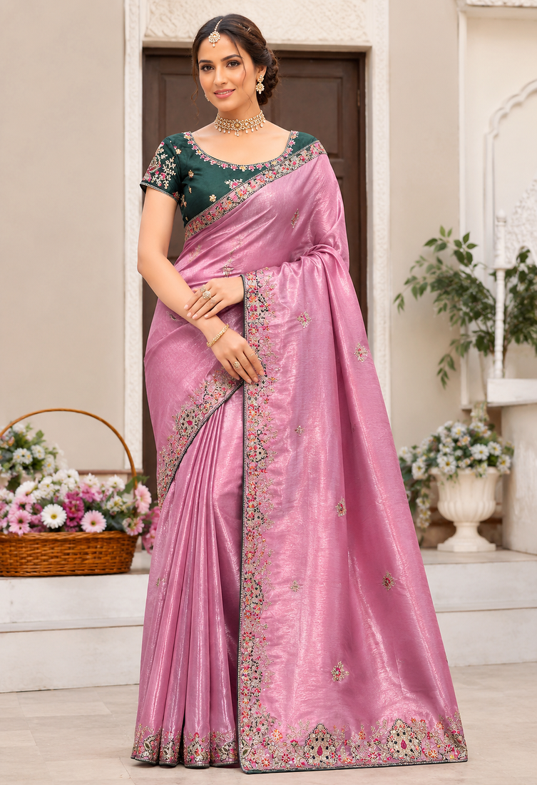 baby pink golden embroidery with dori and sequins silk saree