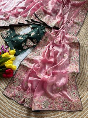 baby pink golden embroidery with dori and sequins silk saree 2