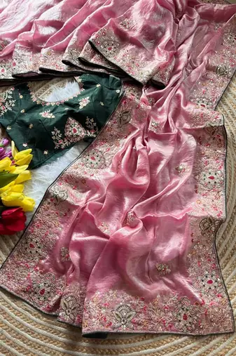 baby pink golden embroidery with dori and sequins silk saree