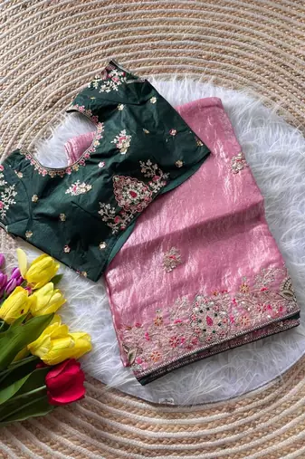 baby pink golden embroidery with dori and sequins silk saree