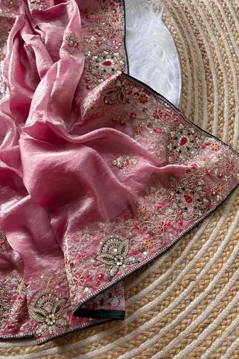 baby pink golden embroidery with dori and sequins silk saree