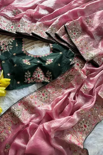 baby pink golden embroidery with dori and sequins silk saree