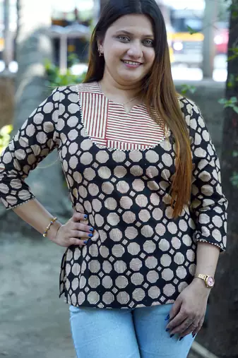 black handblock printed cotton top