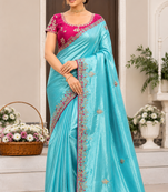 sky blue golden embroidery with dori and sequins silk saree