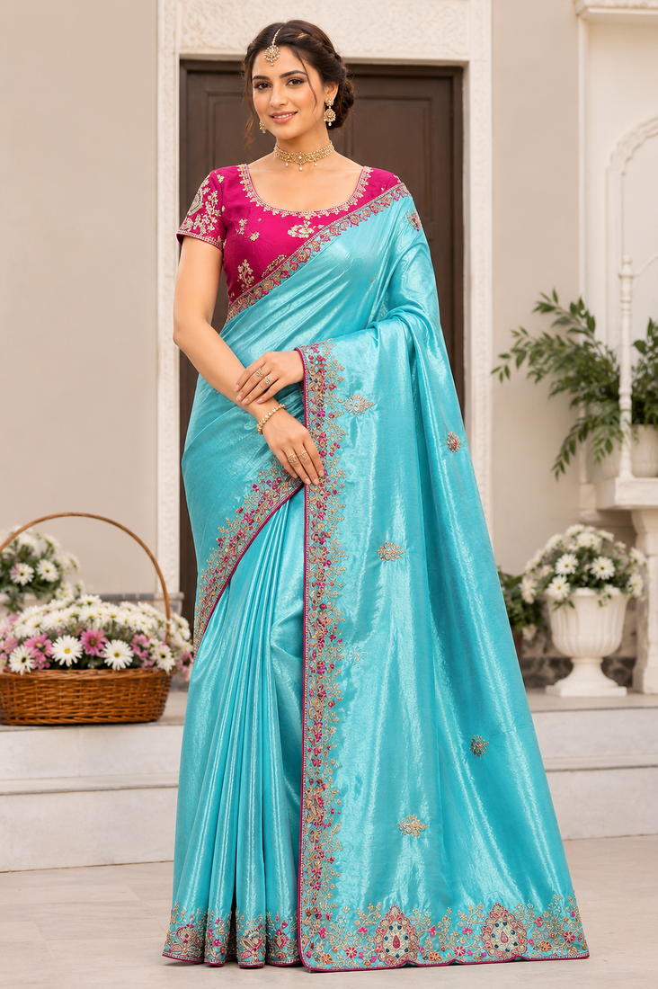 sky blue golden embroidery with dori and sequins silk saree