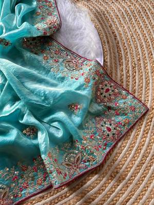 sky blue golden embroidery with dori and sequins silk saree 2