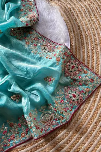 sky blue golden embroidery with dori and sequins silk saree