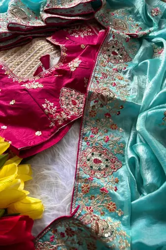 sky blue golden embroidery with dori and sequins silk saree