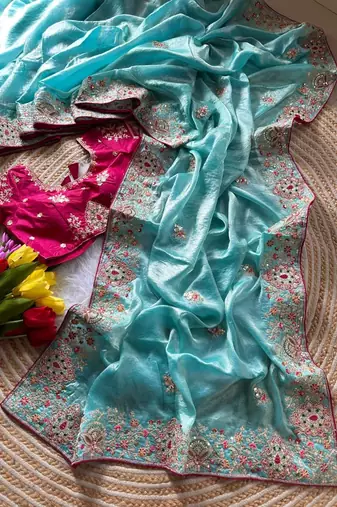 sky blue golden embroidery with dori and sequins silk saree