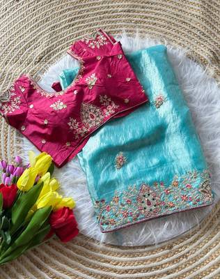 sky blue golden embroidery with dori and sequins silk saree 5