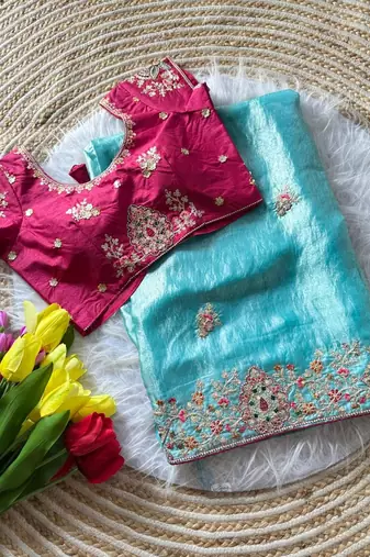 sky blue golden embroidery with dori and sequins silk saree