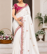white golden embroidery with dori and sequins silk saree