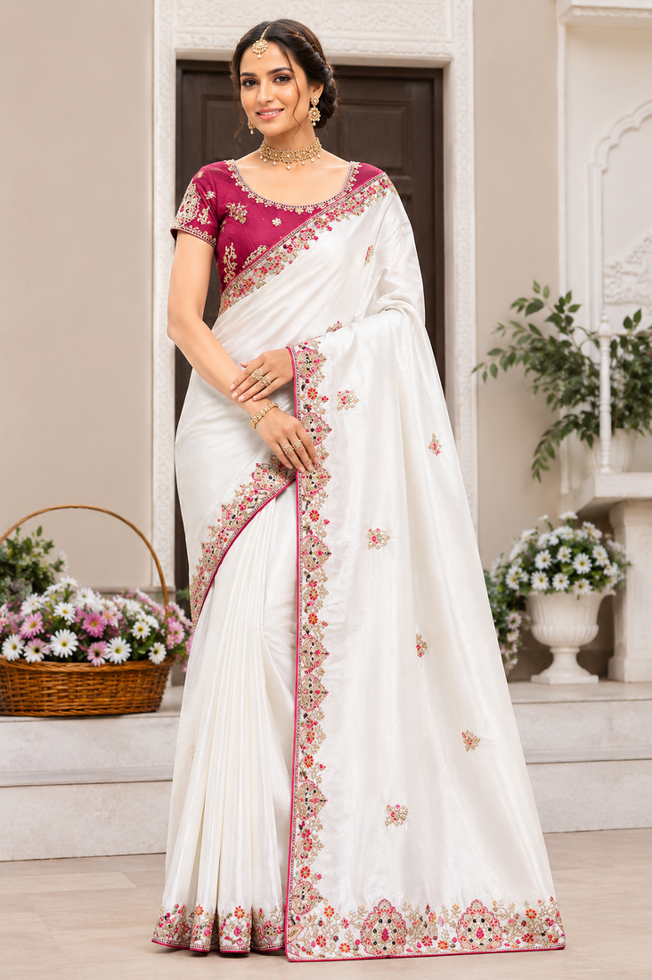 white golden embroidery with dori and sequins silk saree