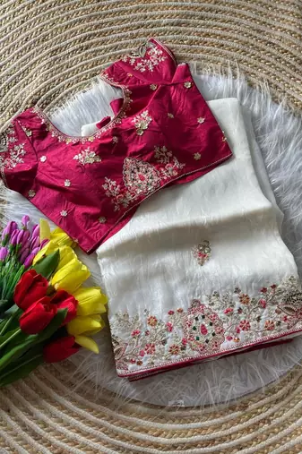 white golden embroidery with dori and sequins silk saree