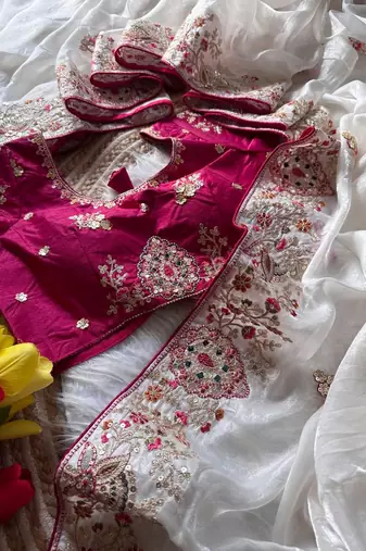 white golden embroidery with dori and sequins silk saree