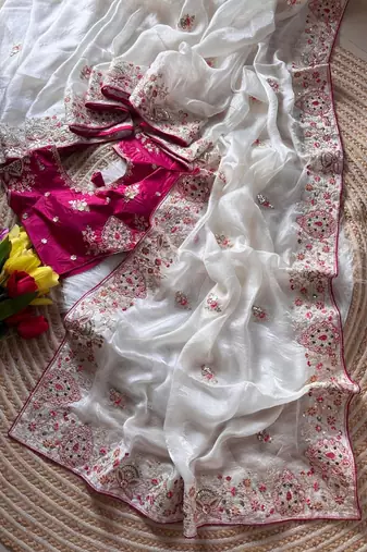 white golden embroidery with dori and sequins silk saree