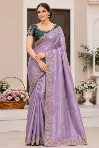 lavender golden embroidery with dori and sequins silk saree