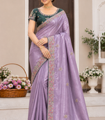 lavender golden embroidery with dori and sequins silk saree