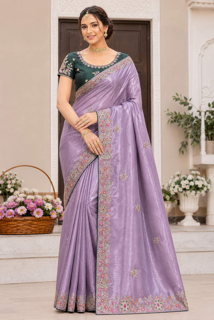 lavender golden embroidery with dori and sequins silk saree