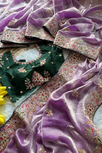 lavender golden embroidery with dori and sequins silk saree