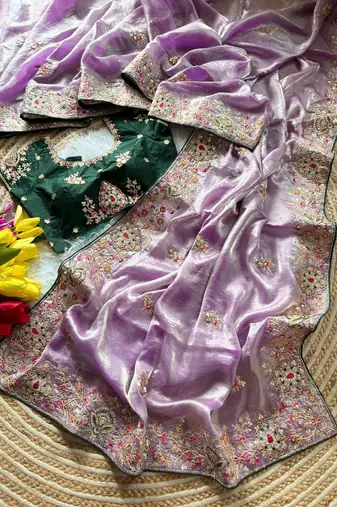 lavender golden embroidery with dori and sequins silk saree