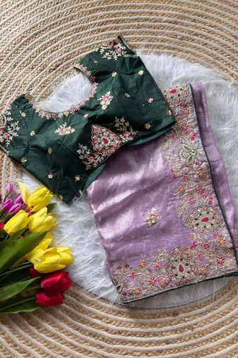 lavender golden embroidery with dori and sequins silk saree