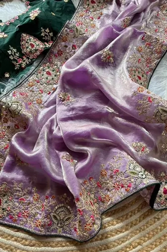 lavender golden embroidery with dori and sequins silk saree