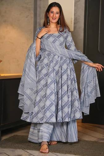 Grey printed Kurta bottom with dupatta