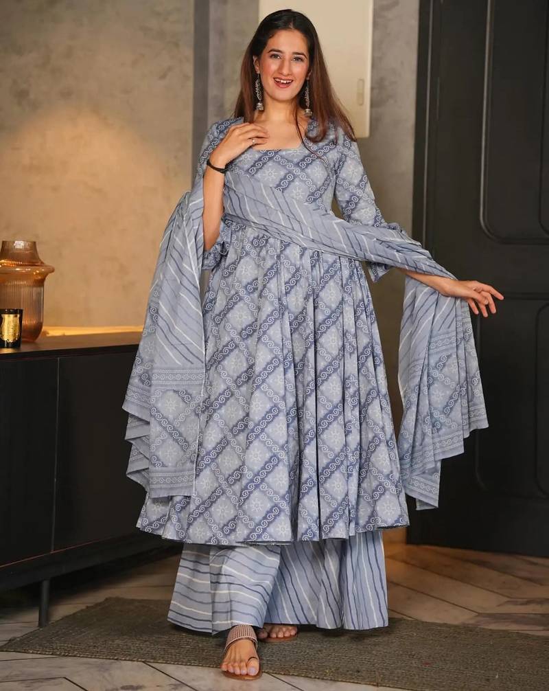 Grey printed Kurta bottom with dupatta