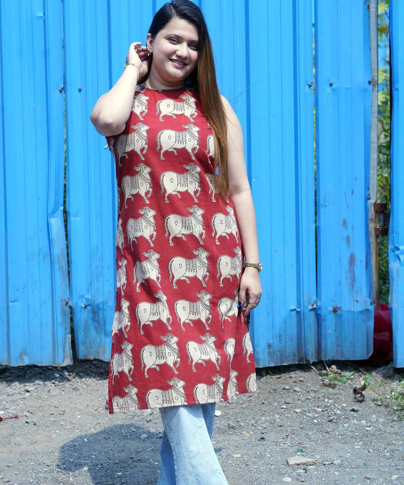 rust kalamkari halter_neck kurti