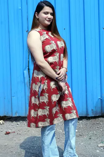 rust kalamkari halter_neck kurti