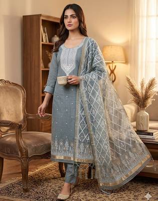 Grey muga cotton jamdani suit dress material with dupatta 1