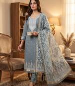 Grey muga cotton jamdani suit dress material with dupatta