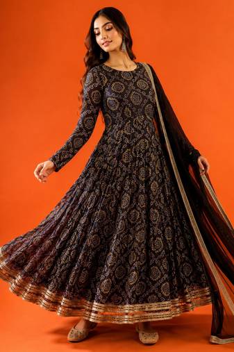 Women's black printed anarkali set with dupatta