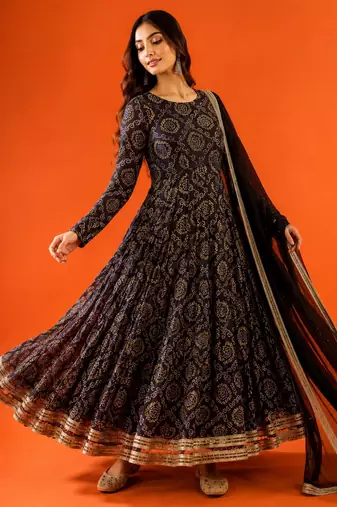 Women's black printed anarkali set with dupatta